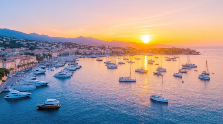 A serene sunrise over French Riviera, showcasing boats in calm waters and vibrant colors